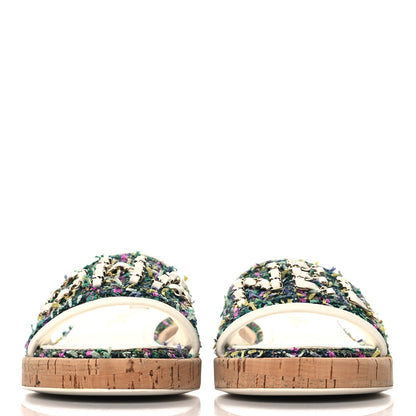 Tweed Cork CC Chain Mule Sandal 36.5 Green Multicolor