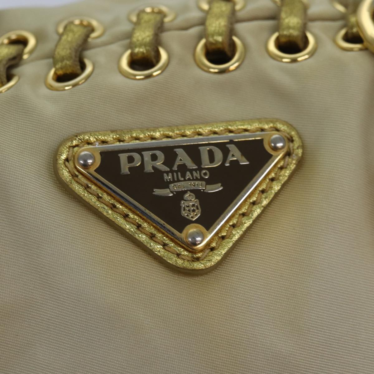 PRADA Hand Bag Nylon 2way Beige Gold Auth 85102