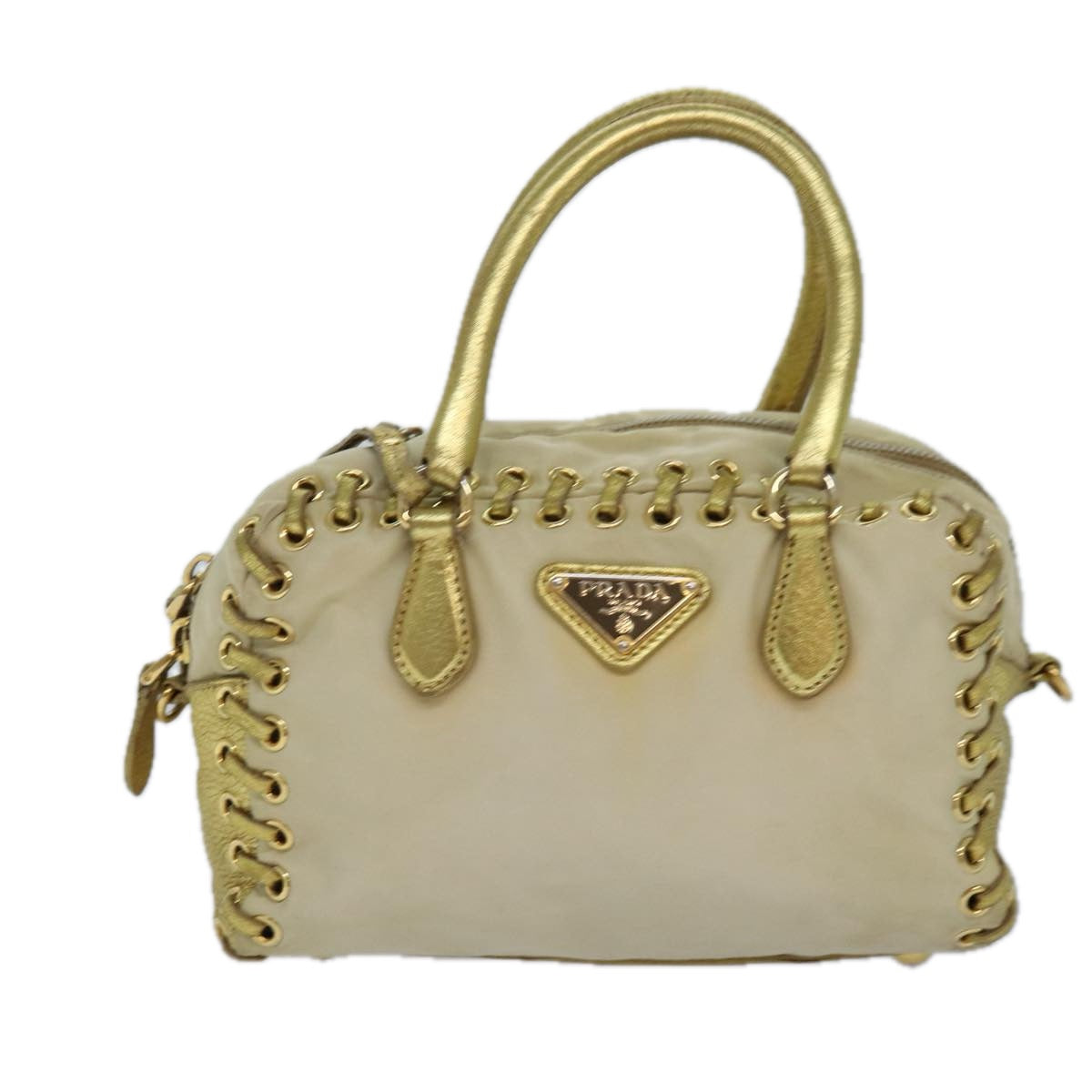 PRADA Hand Bag Nylon 2way Beige Gold Auth 85102