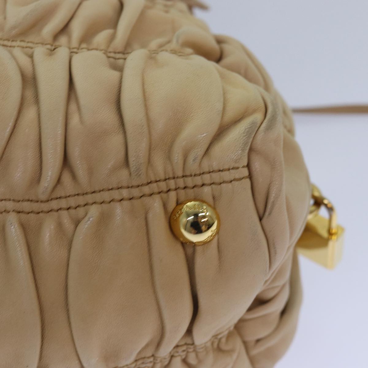 PRADA Hand Bag Nylon Beige Gold Auth 85286