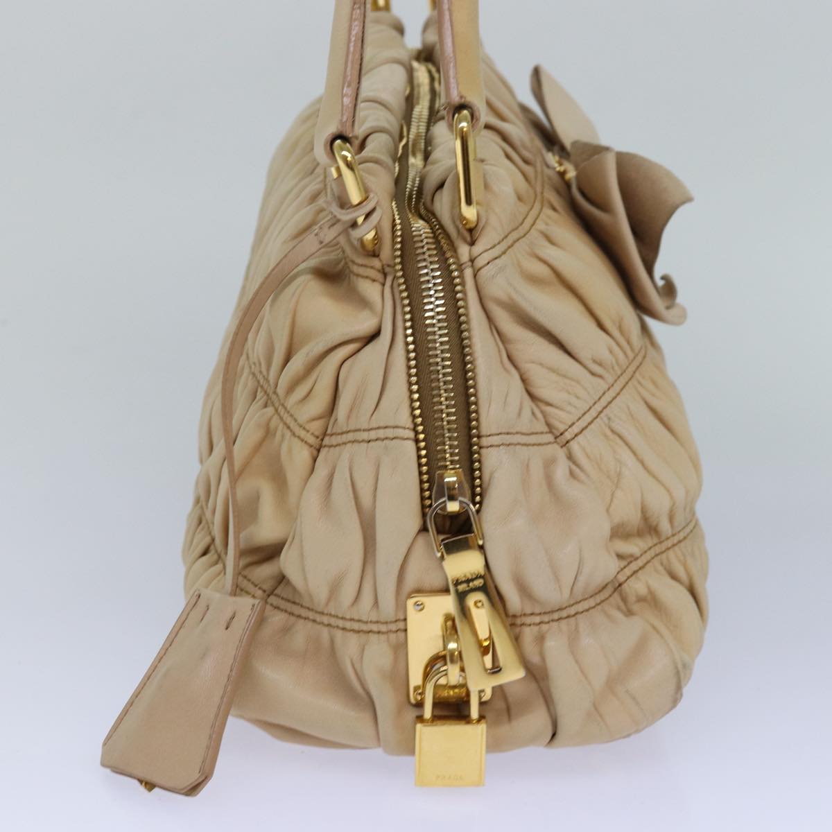 PRADA Hand Bag Nylon Beige Gold Auth 85286