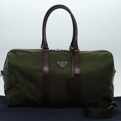 PRADA Boston Bag Nylon Khaki Silver Auth 85295