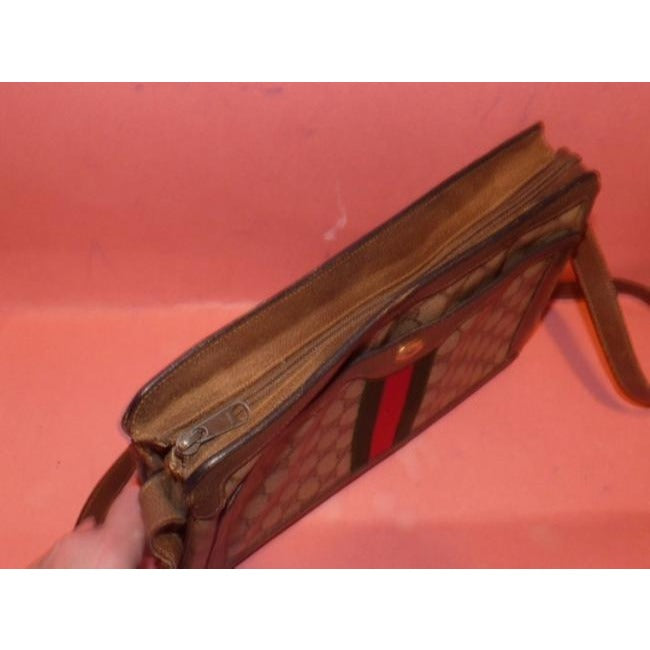 Gucci Ophidia Brown Leather Messenger Shoulder Bag W Guccissima GG Print Red Green Stripe