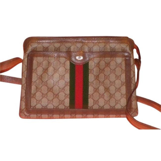 Gucci Ophidia Brown Leather Messenger Shoulder Bag W Guccissima GG Print Red Green Stripe