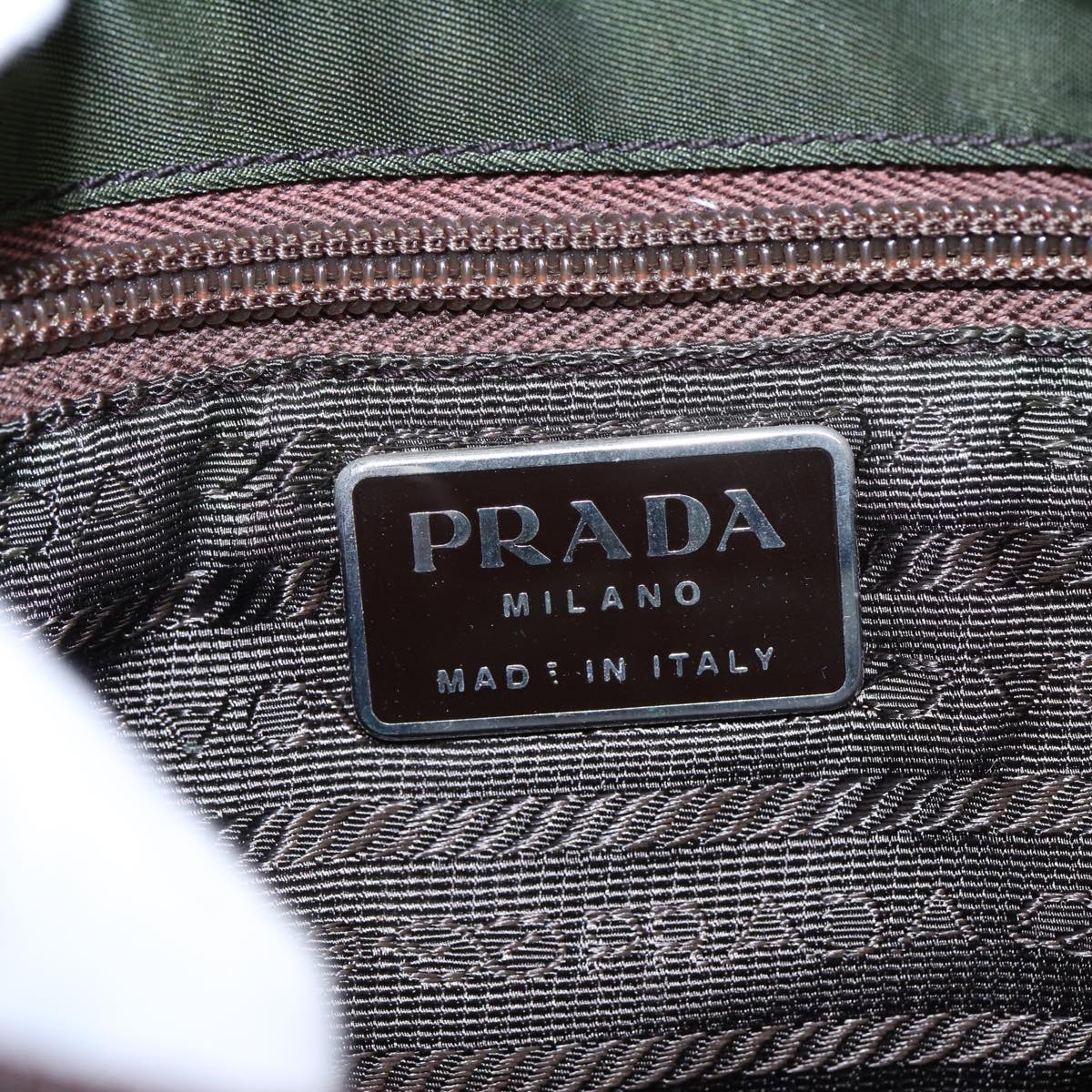 PRADA Tote Bag Nylon Khaki Silver Auth 85642