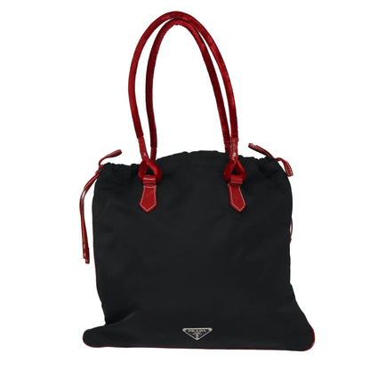 PRADA Tote Bag Nylon Velour Black Red Silver Auth 85714