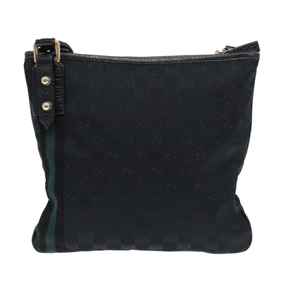GUCCI GG Canvas Sherry Line Shoulder Bag Black Gold Green 144388 Auth 85991
