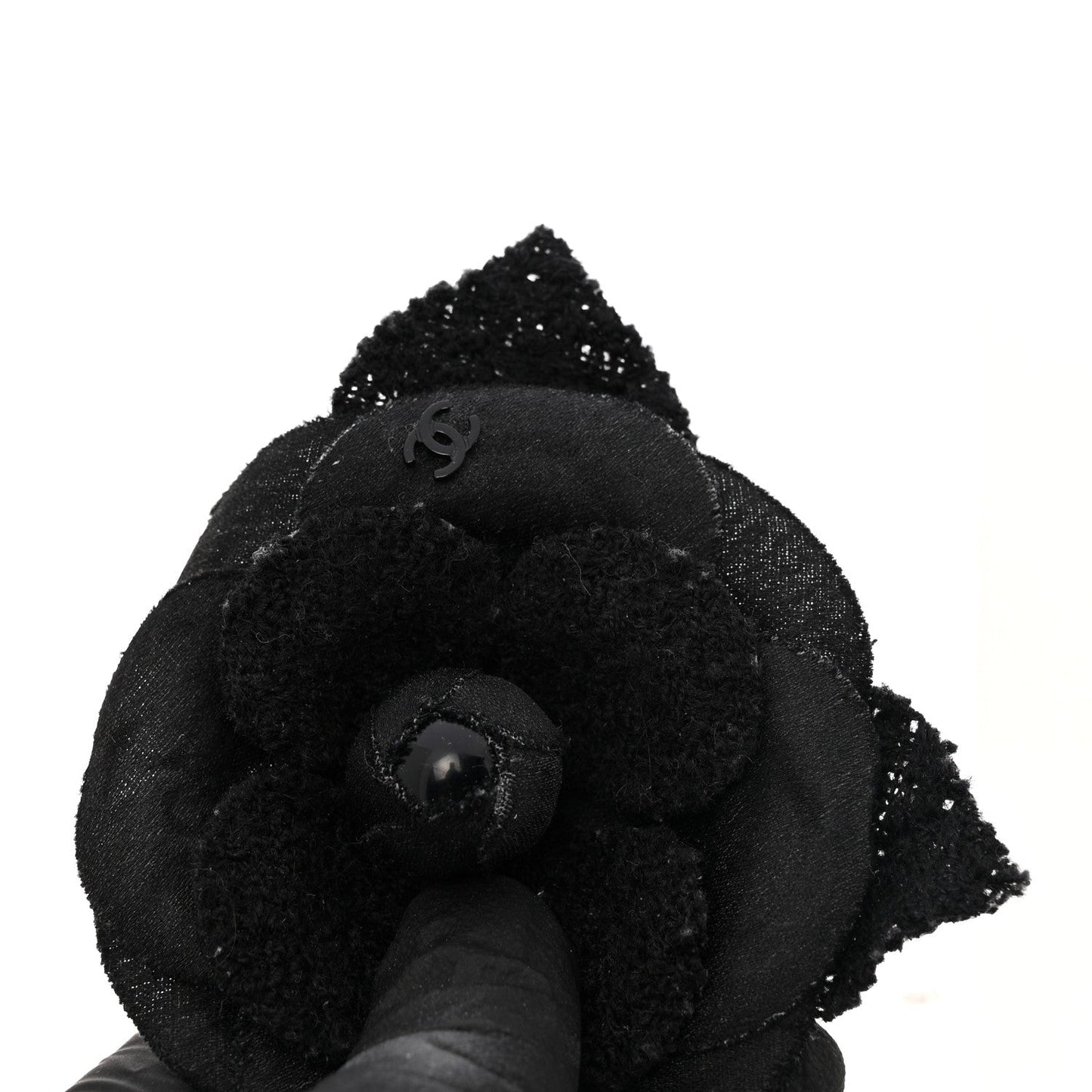 Tweed Fabric Camellia Pin Brooch Black