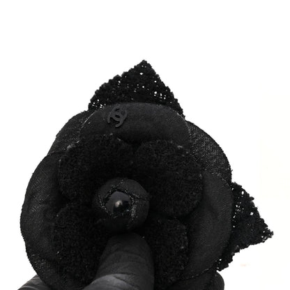 Tweed Fabric Camellia Pin Brooch Black