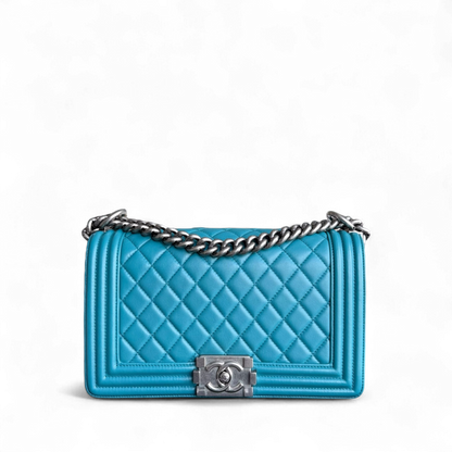 Chanel Boy Medium - 25CM Quilted Lambskin Blue Silver Hardware Series 19