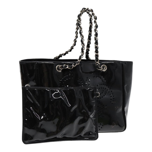 Chanel Chain Tote Bag Patent leather Black Silver CC Auth