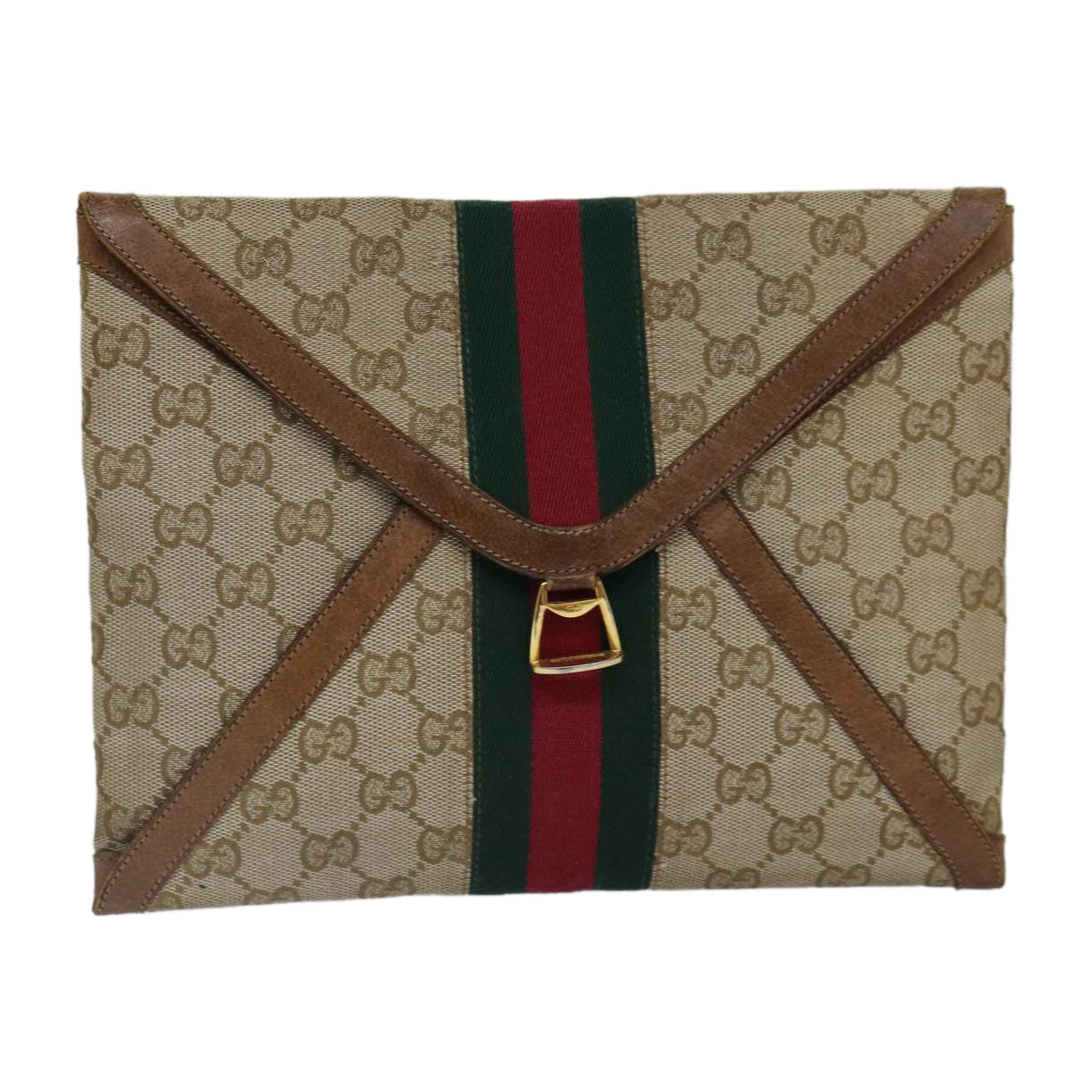 GUCCI GG Canvas Web Sherry Line Clutch Bag Beige Red gold Auth 86042
