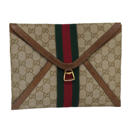 GUCCI GG Canvas Web Sherry Line Clutch Bag Beige Red gold Auth 86042