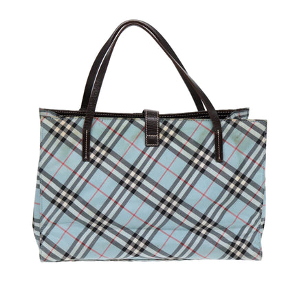 BURBERRY Nova Check Blue Label Hand Bag Nylon Beige Silver Auth 86170