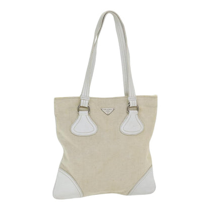 PRADA Tote Bag Canvas Beige Silver Auth 86251