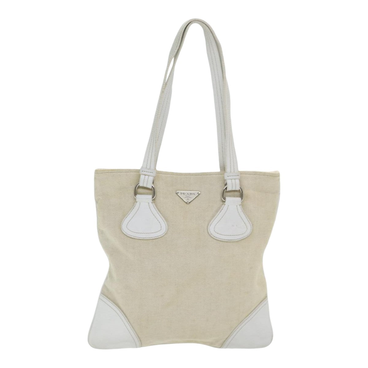 PRADA Tote Bag Canvas Beige Silver Auth 86251