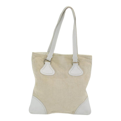 PRADA Tote Bag Canvas Beige Silver Auth 86251