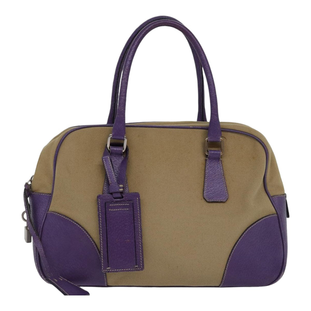 PRADA Hand Bag Canvas Beige Silver purple Auth 86337