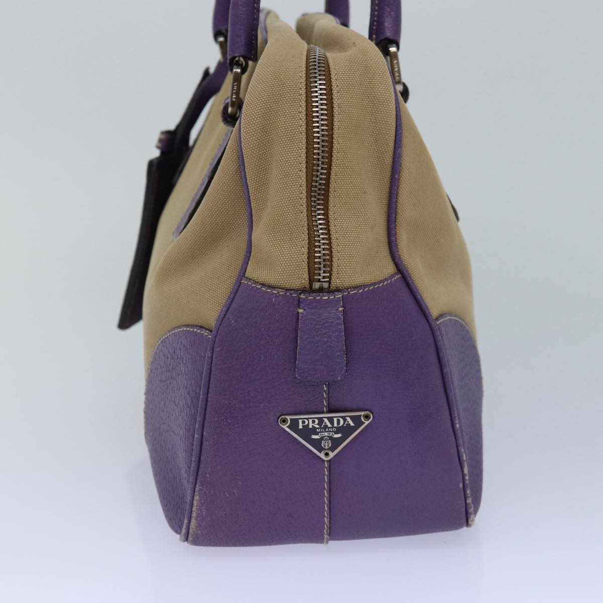 PRADA Hand Bag Canvas Beige Silver purple Auth 86337