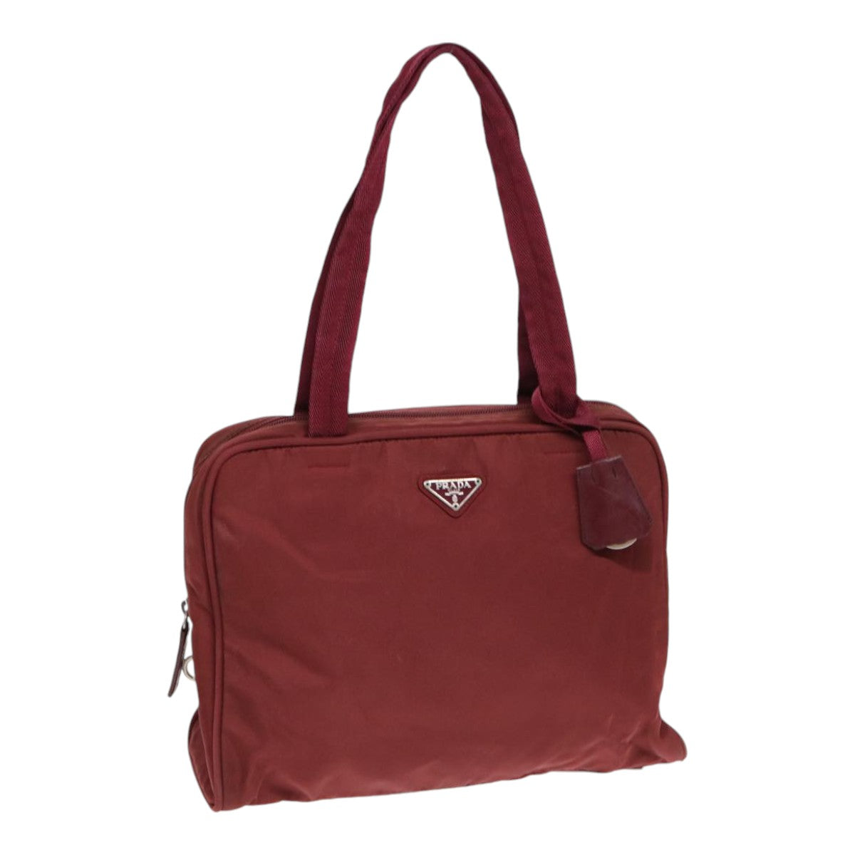 PRADA Tote Bag Nylon Wine Red Silver Auth 86345