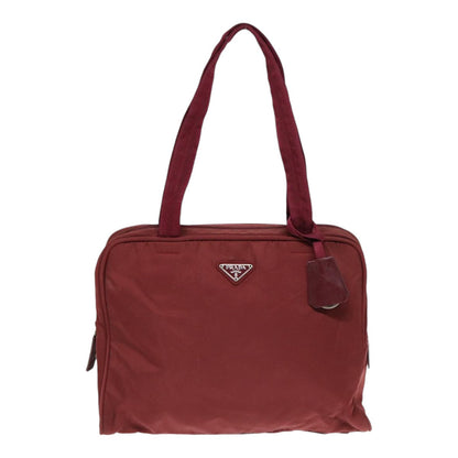 PRADA Tote Bag Nylon Wine Red Silver Auth 86345