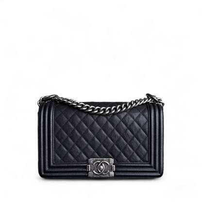 Chanel Boy Medium - Caviar 25CM Quilted Black Ruthenium Silver Hardware Series 23