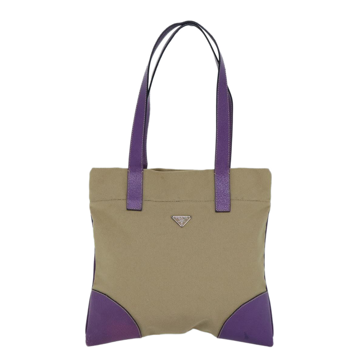 PRADA Hand Bag Canvas Beige Purple Silver Auth 86440