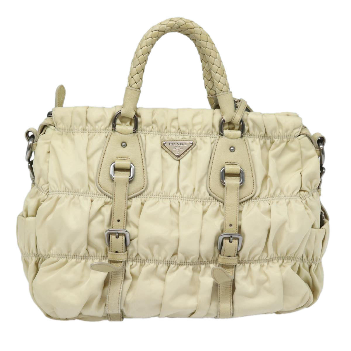 PRADA Hand Bag Nylon 2way Cream Silver Auth 86443