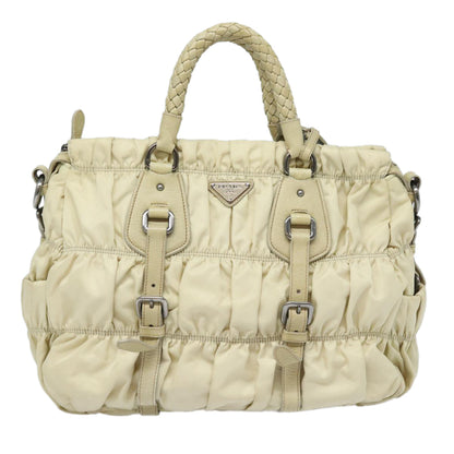 PRADA Hand Bag Nylon 2way Cream Silver Auth 86443