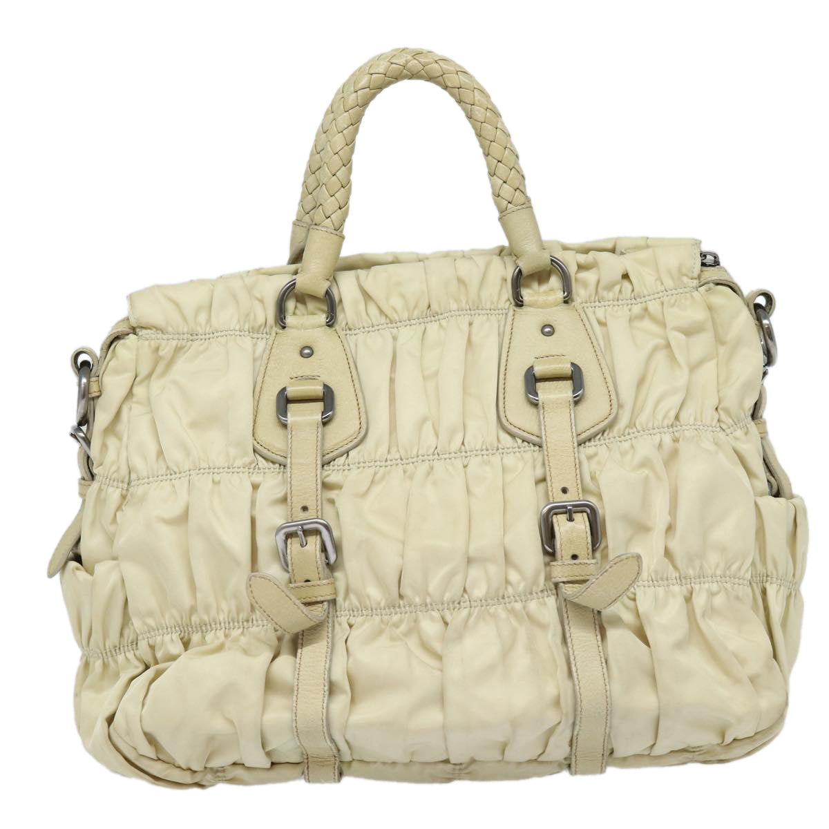 PRADA Hand Bag Nylon 2way Cream Silver Auth 86443