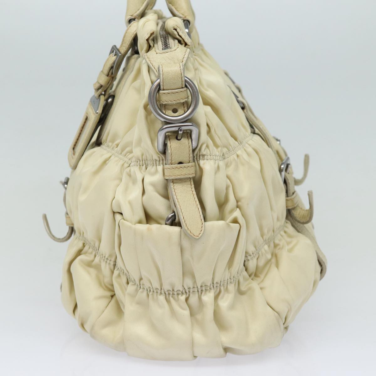 PRADA Hand Bag Nylon 2way Cream Silver Auth 86443