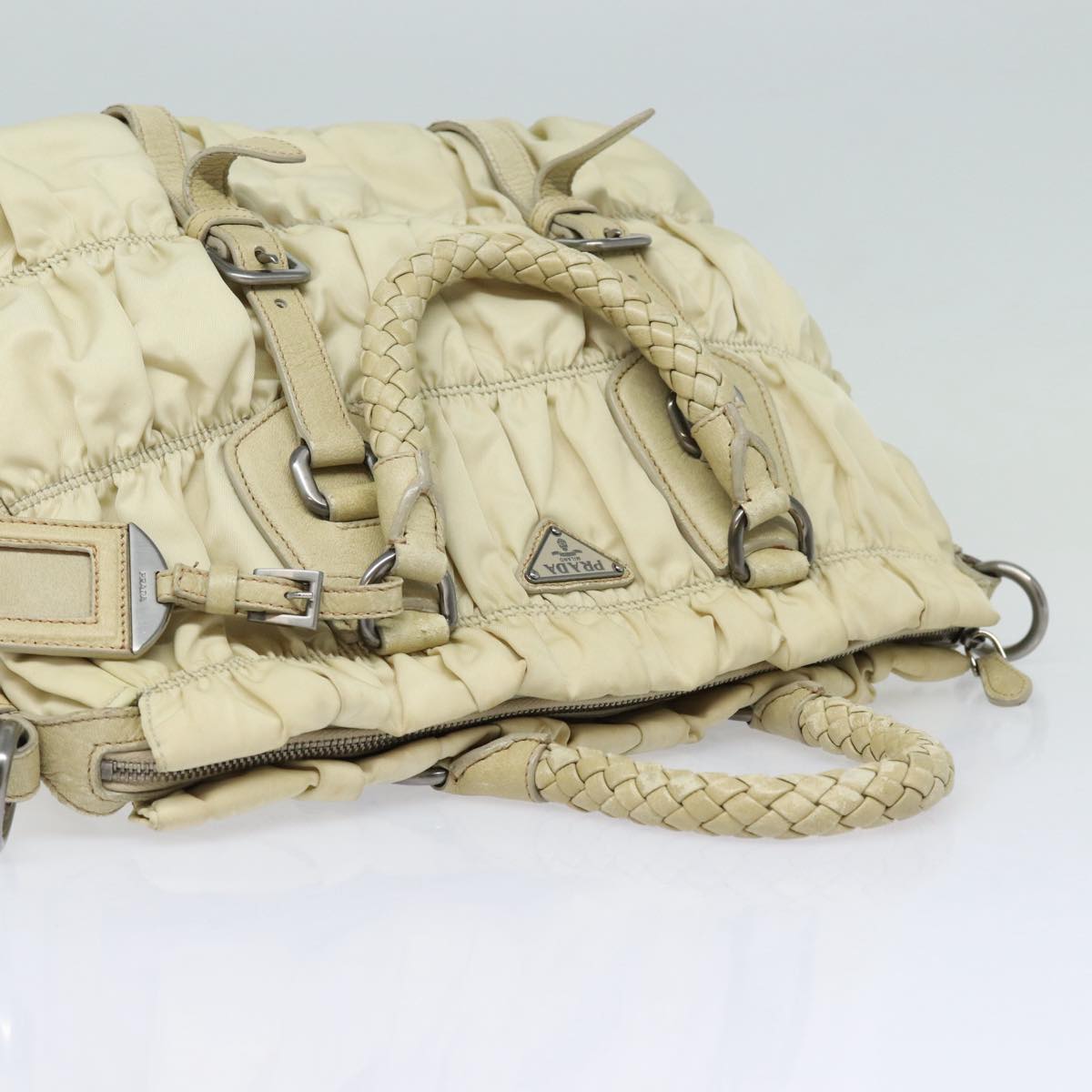 PRADA Hand Bag Nylon 2way Cream Silver Auth 86443