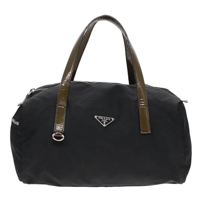 PRADA Hand Bag Nylon Enamel Black Khaki Silver Auth 86451