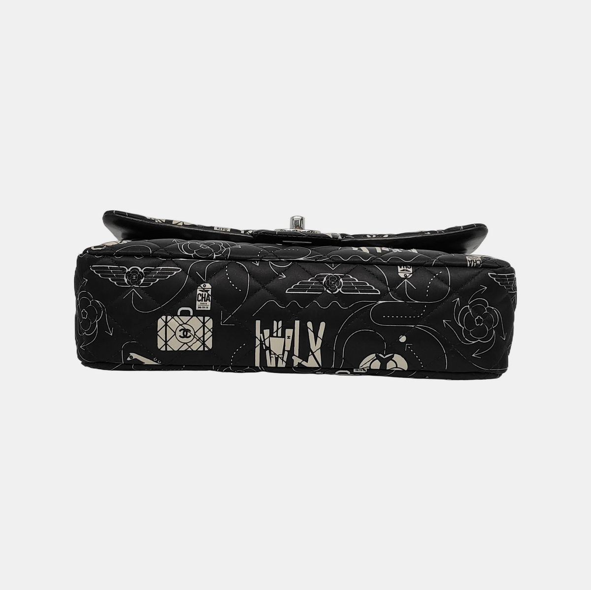 Chanel Satin Airline Printed Medium Double Flap Bag Black and White