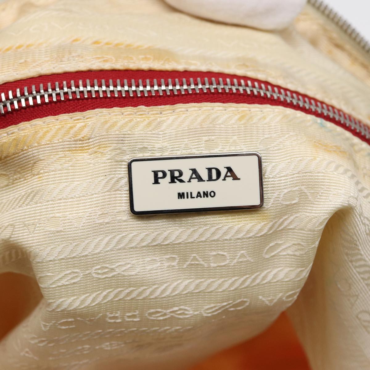 PRADA Tote Bag Nylon 2way Beige Red Silver Auth 86561