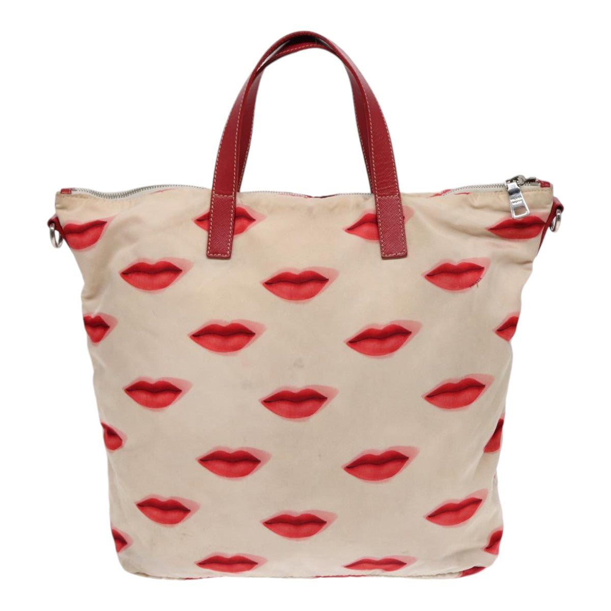 PRADA Tote Bag Nylon 2way Beige Red Silver Auth 86561