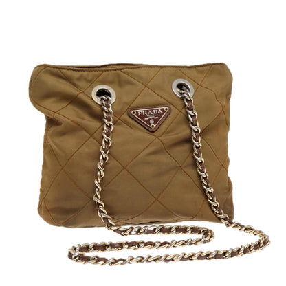 PRADA Chain Shoulder Bag Nylon Khaki Gold Auth 86608