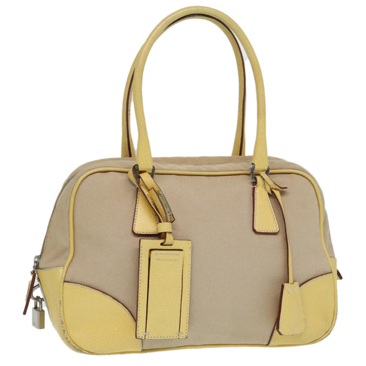 PRADA Hand Bag Canvas Beige Silver Auth 86908