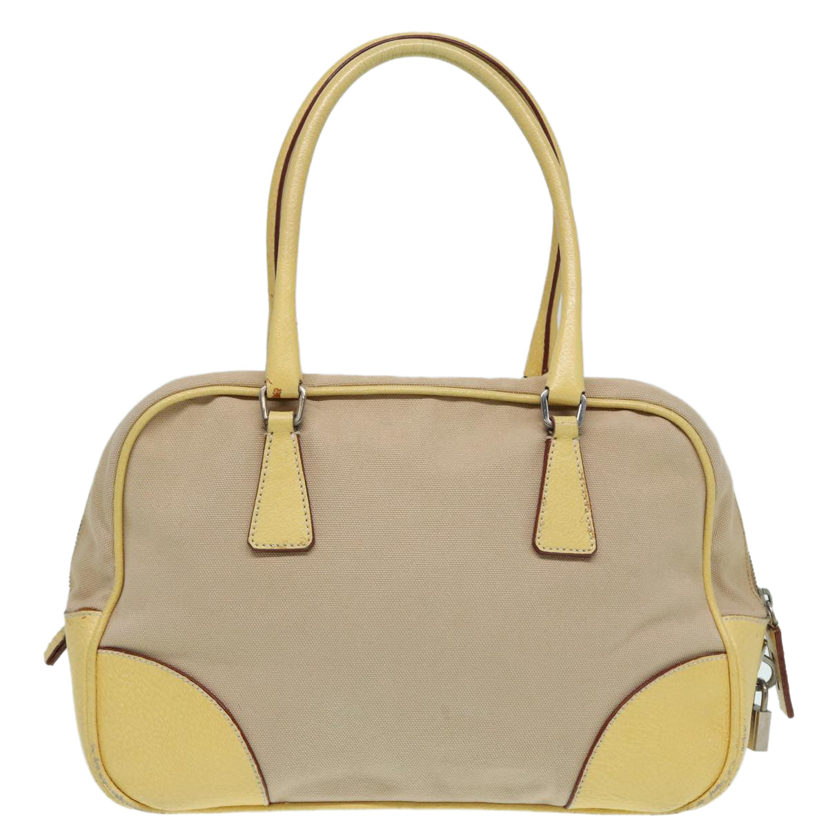 PRADA Hand Bag Canvas Beige Silver Auth 86908