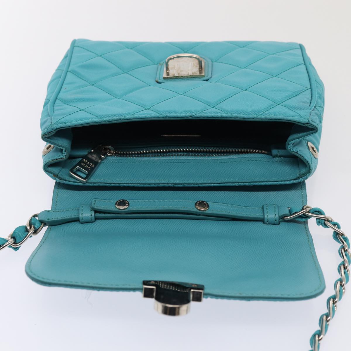 PRADA Chain Shoulder Bag Nylon Turquoise Blue Silver Auth 86958