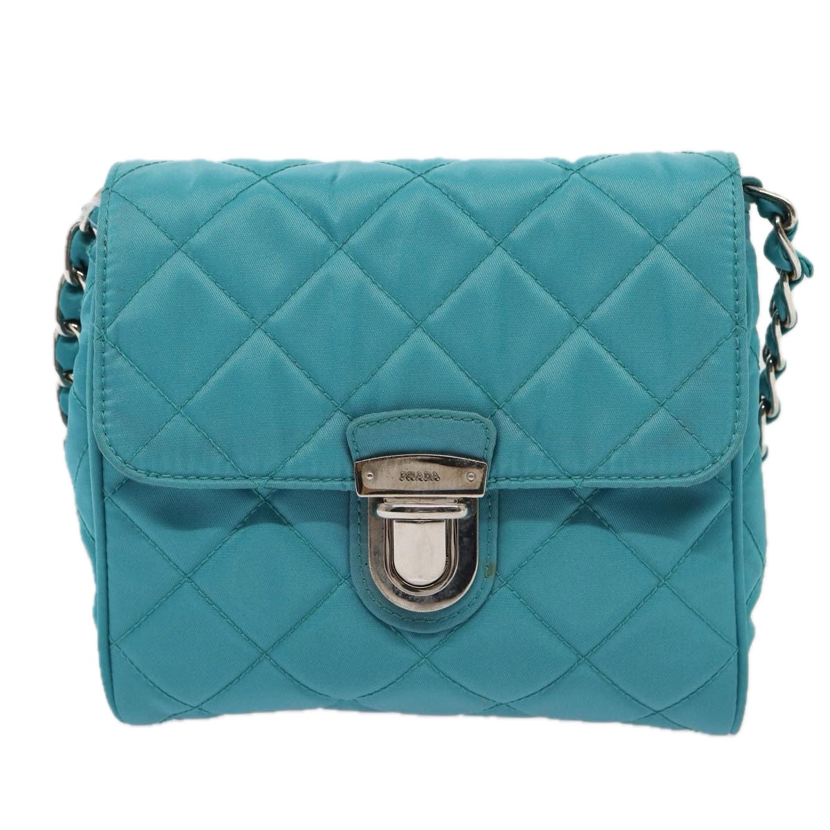 PRADA Chain Shoulder Bag Nylon Turquoise Blue Silver Auth 86958