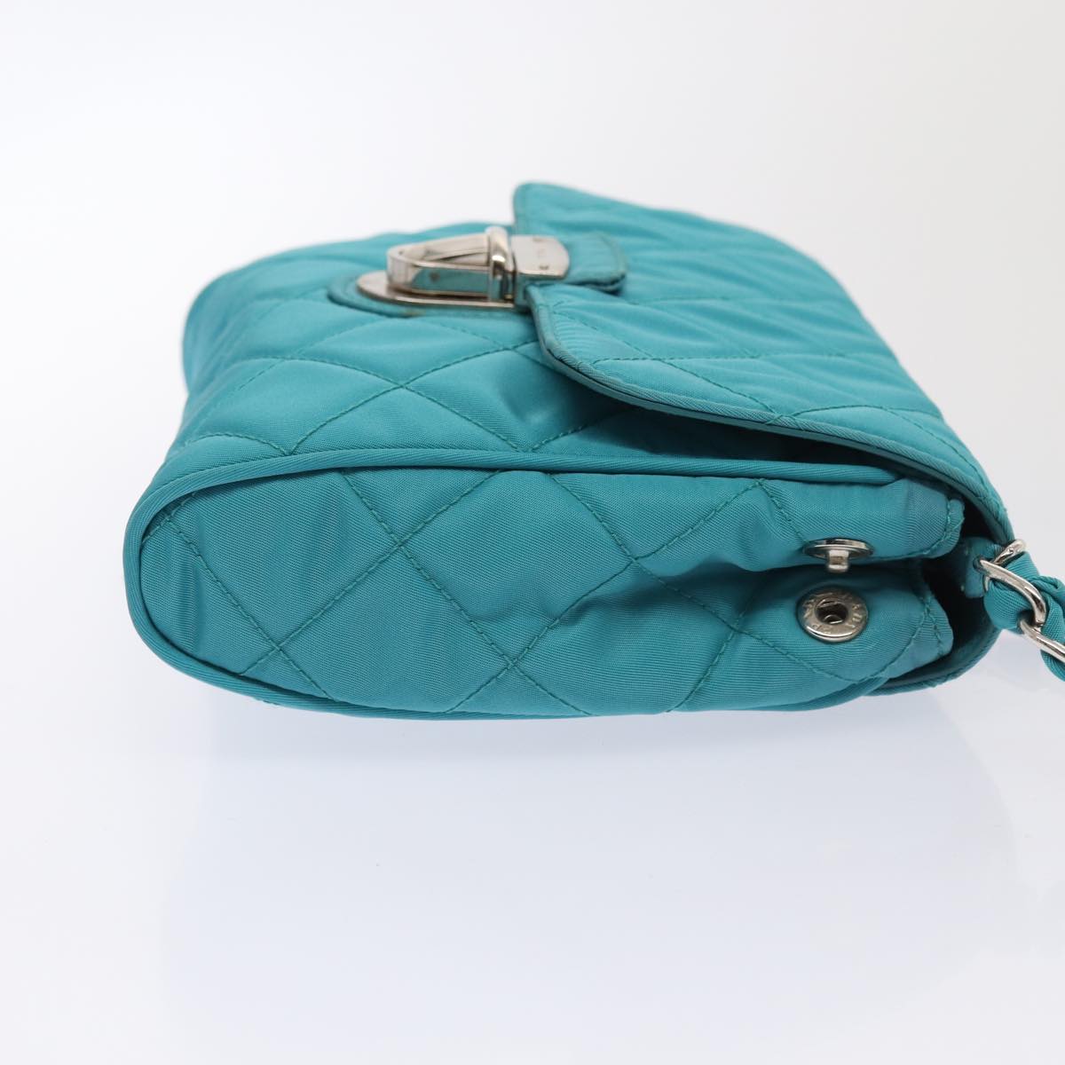 PRADA Chain Shoulder Bag Nylon Turquoise Blue Silver Auth 86958