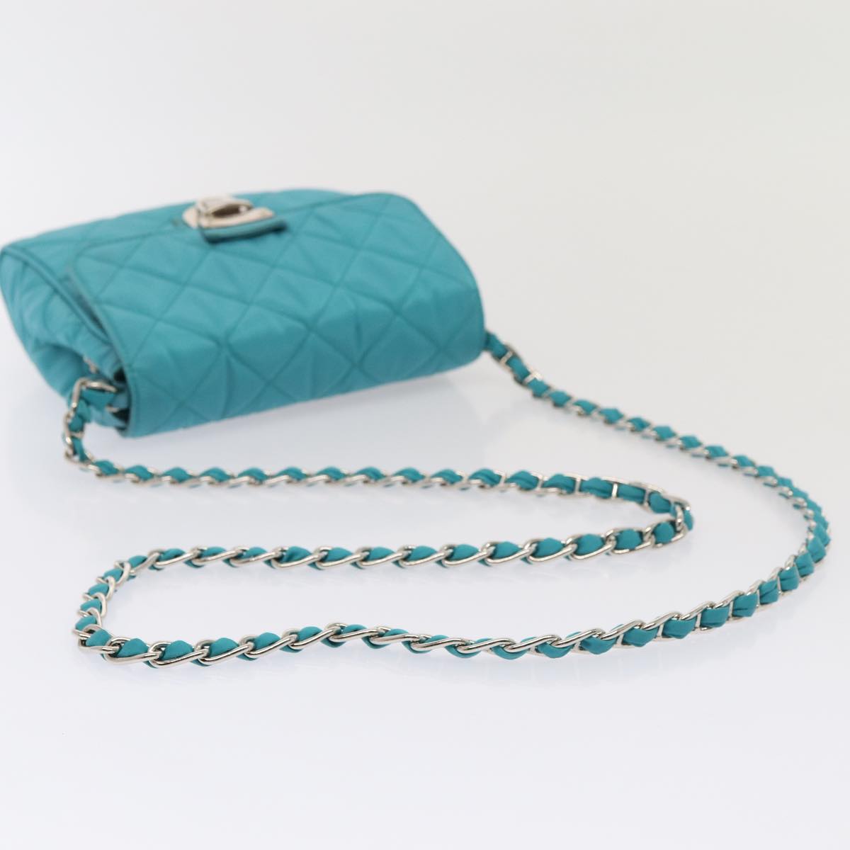 PRADA Chain Shoulder Bag Nylon Turquoise Blue Silver Auth 86958