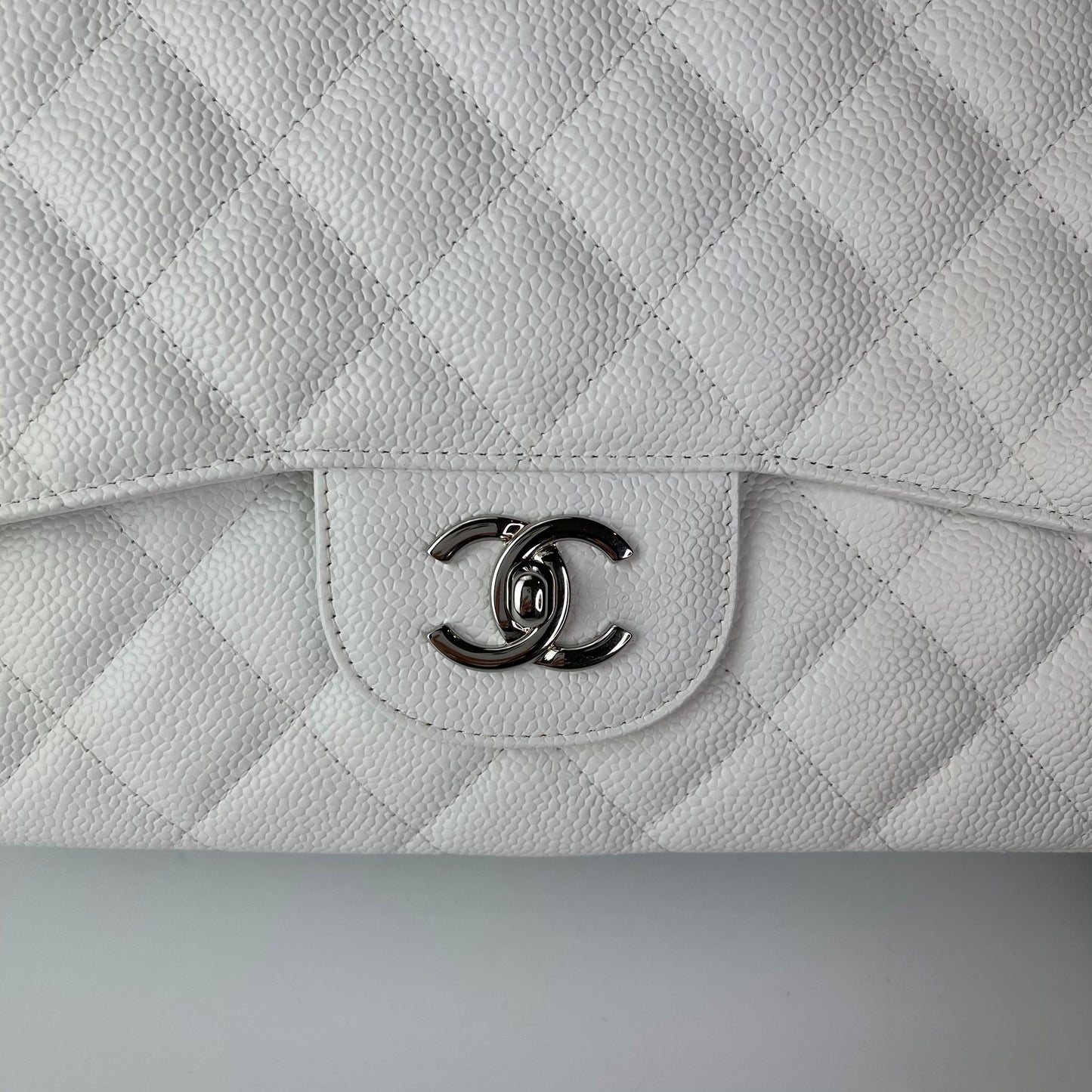 Classic Single Flap Jumbo Bag in White Caviar with SHW