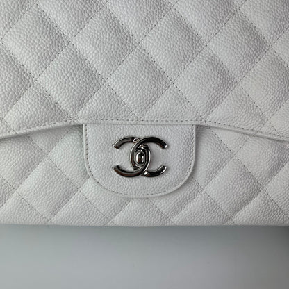 Classic Single Flap Jumbo Bag in White Caviar with SHW