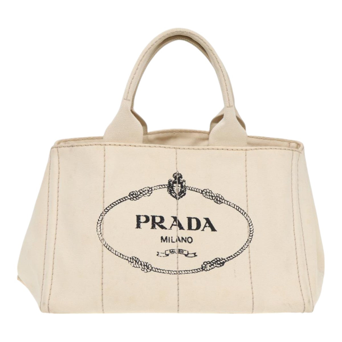 PRADA Canapa MM Hand Bag Canvas Cream Gold Auth 87108