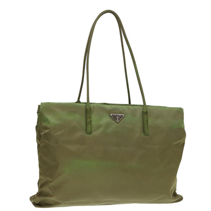 PRADA Tote Bag Nylon Khaki Silver Auth 87118