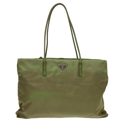 PRADA Tote Bag Nylon Khaki Silver Auth 87118