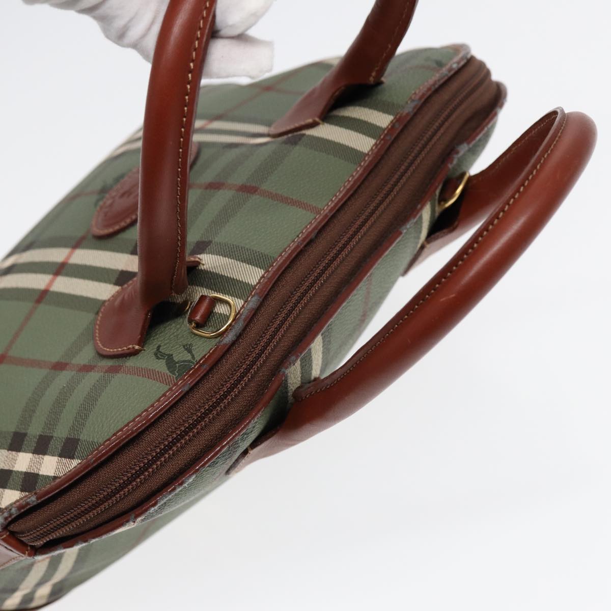 BURBERRYSs Nova Check Hand Bag PVC 2way Green Gold Auth 87235