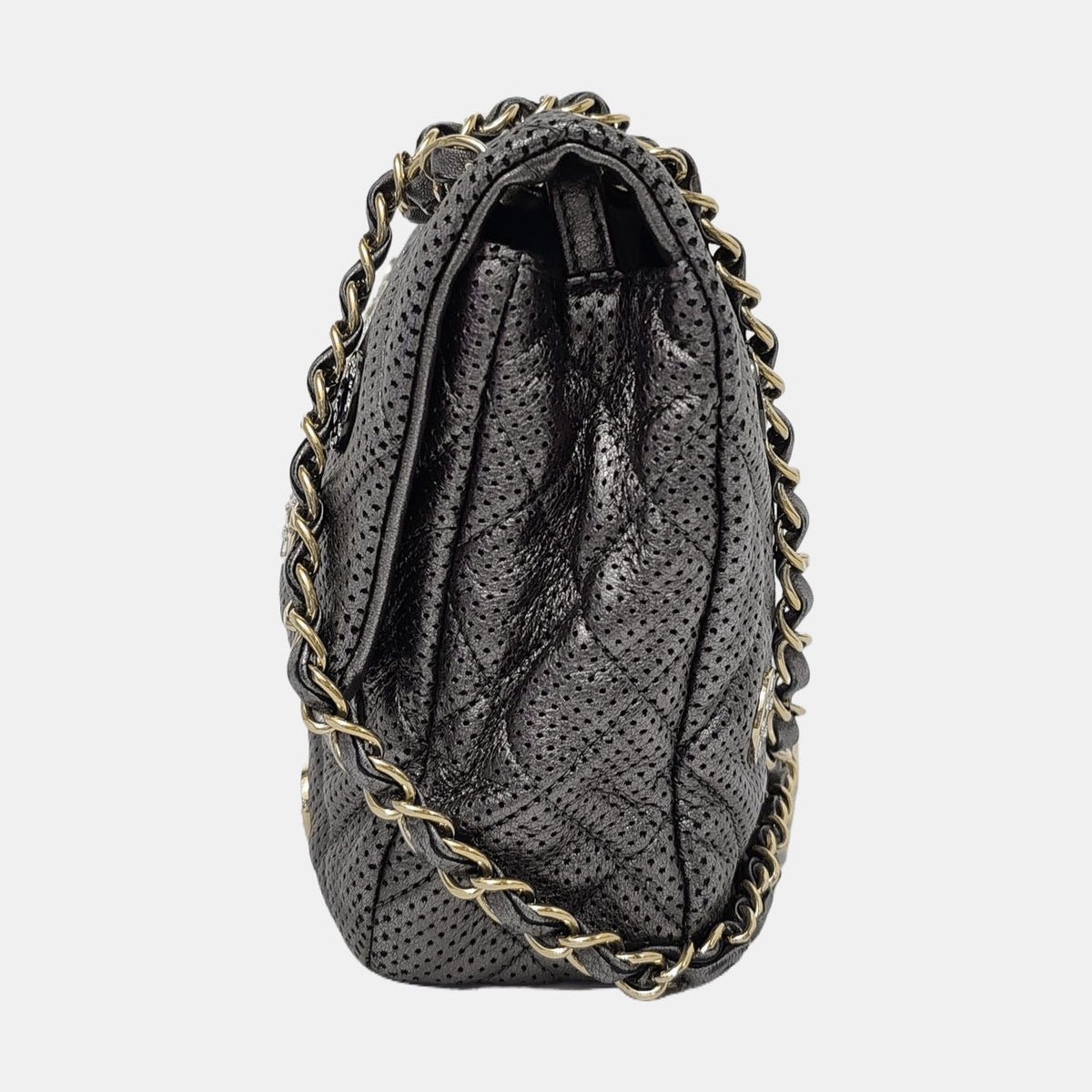 Chanel Paris-Dubai Jumbo Grey Perforated Lambskin Leather with Buttons Gold Hardware